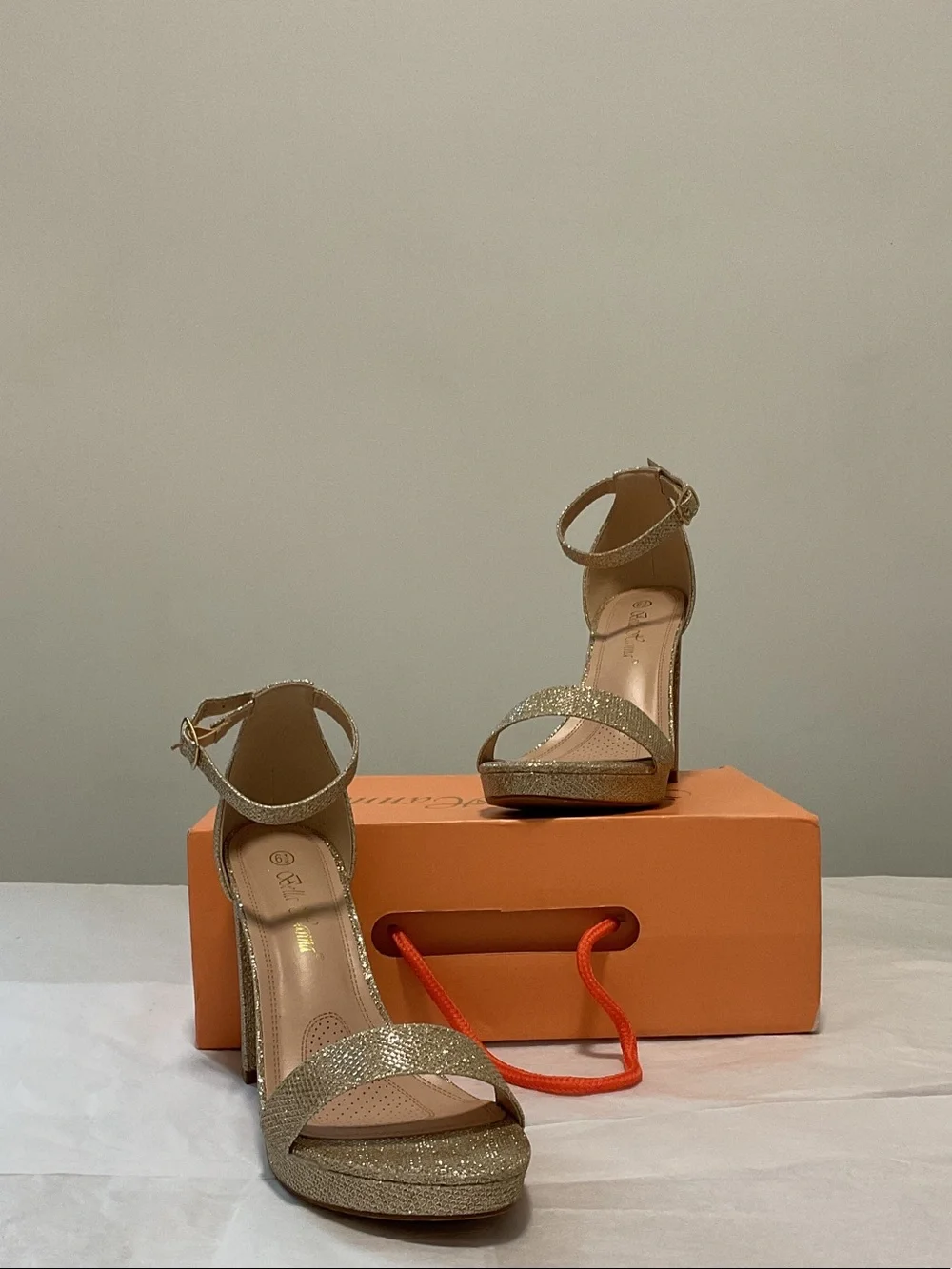 Size 6.5 Grace Glitter Platform Ankle-Strap Heels in Gold